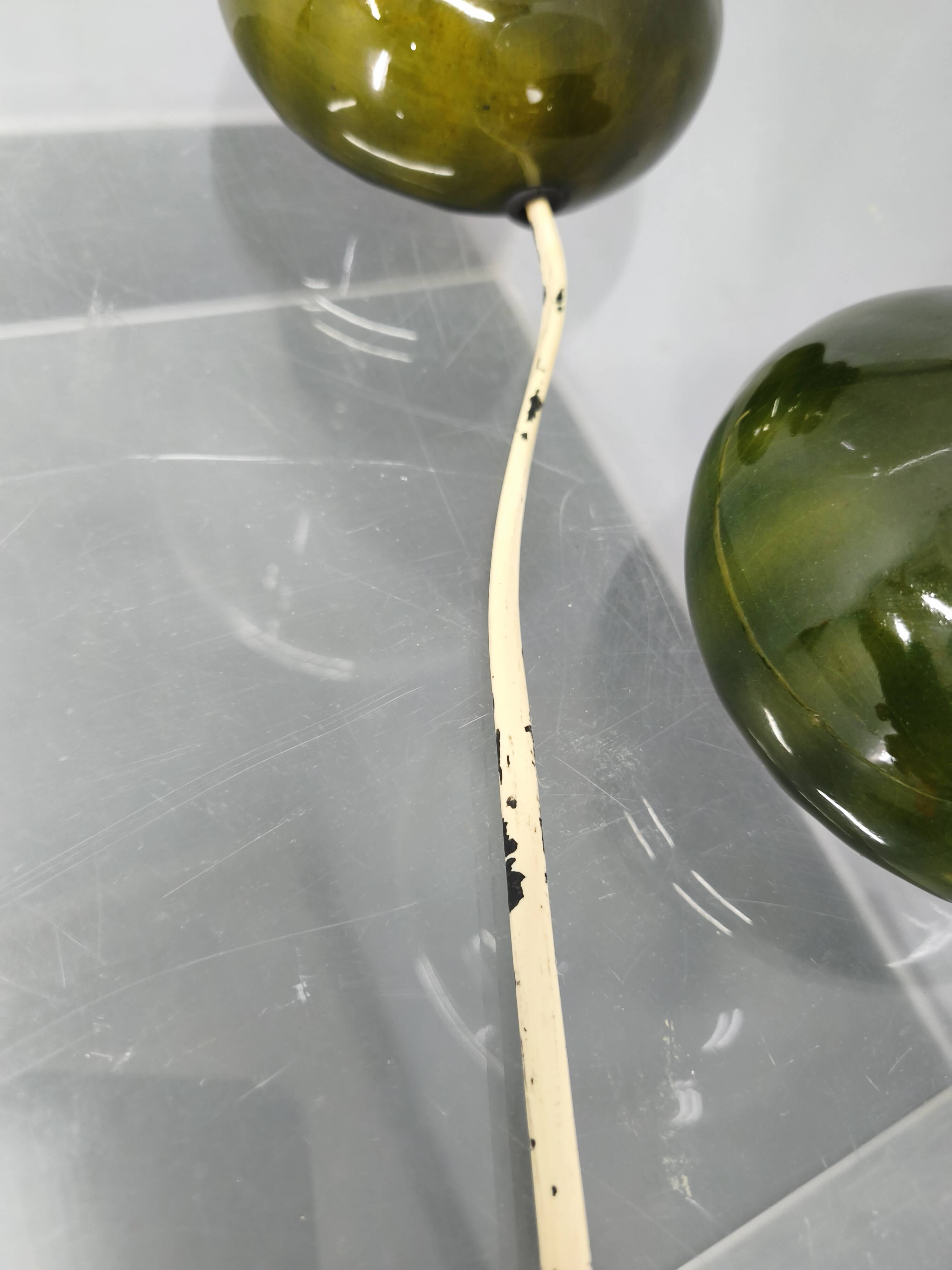 Pair Czech 1970s Milk Glass and Green Ceramic Table Lamps