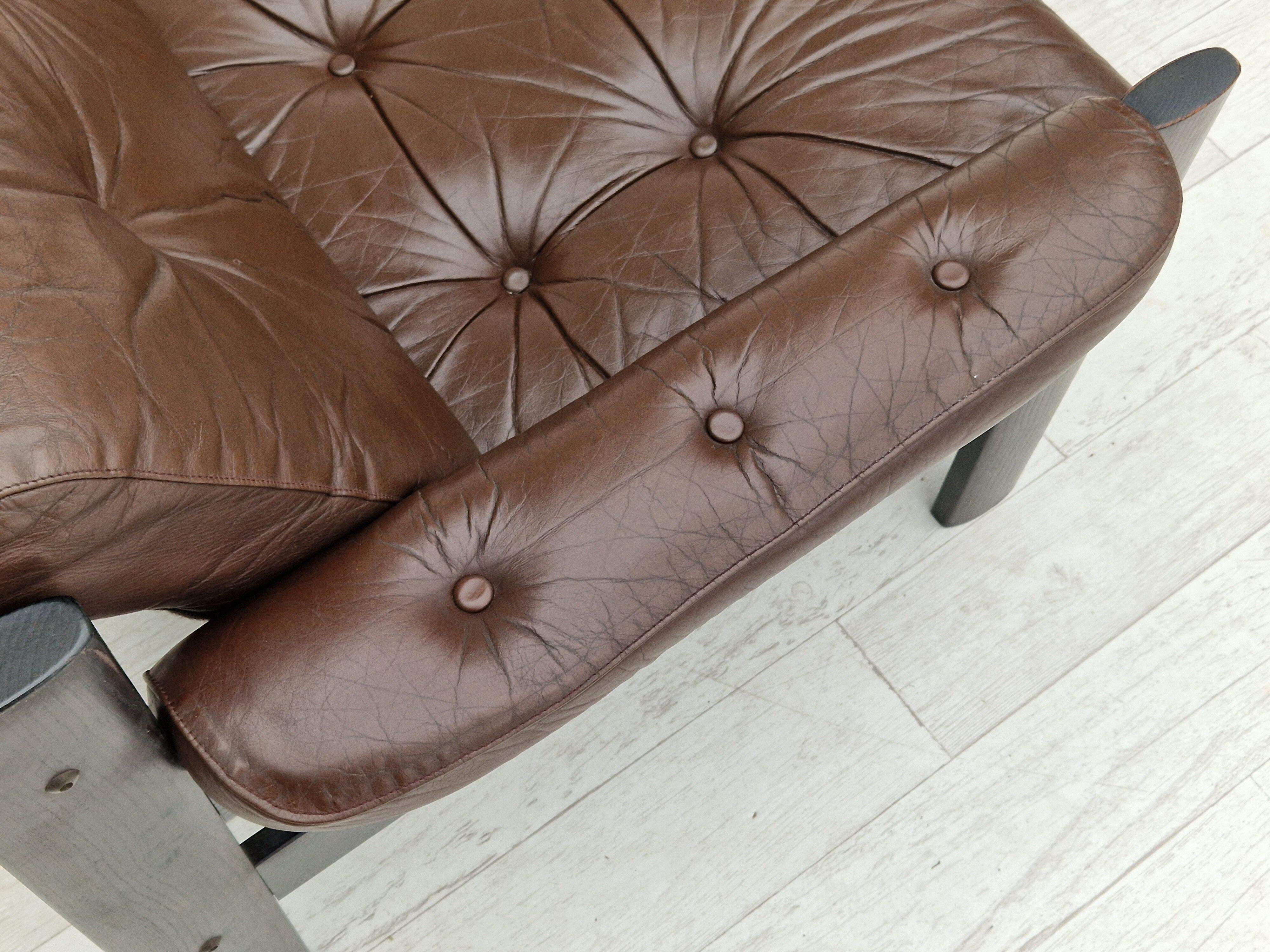 Scandinavian 2-seater sofa, original brown leather, 70s