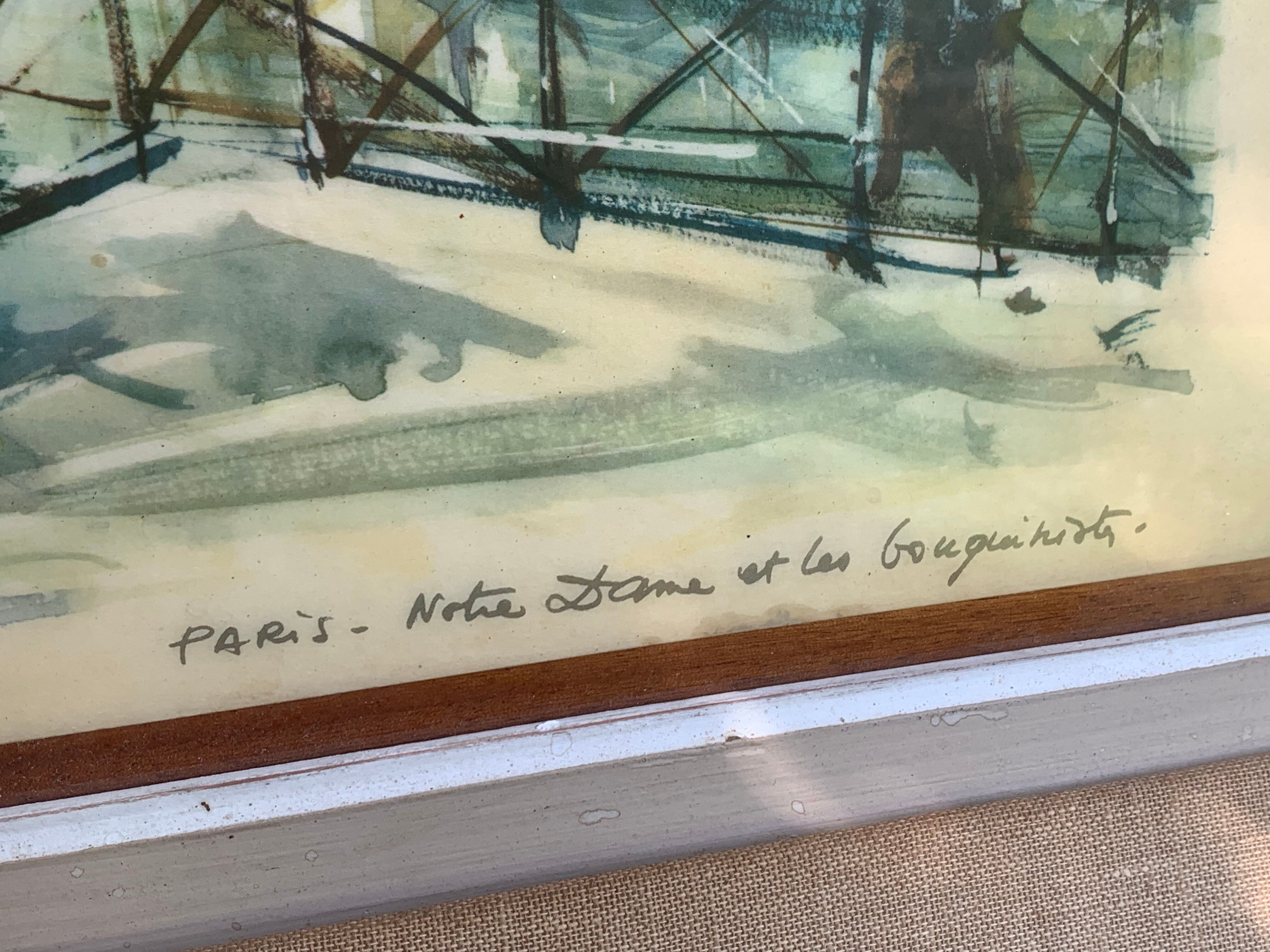 Lithograph notre dame et les bouquinistes signed by Marius Girard vintage