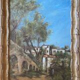 Painting Provencal school "Animated landscape" signed Jane Colat XIX ° century + frame