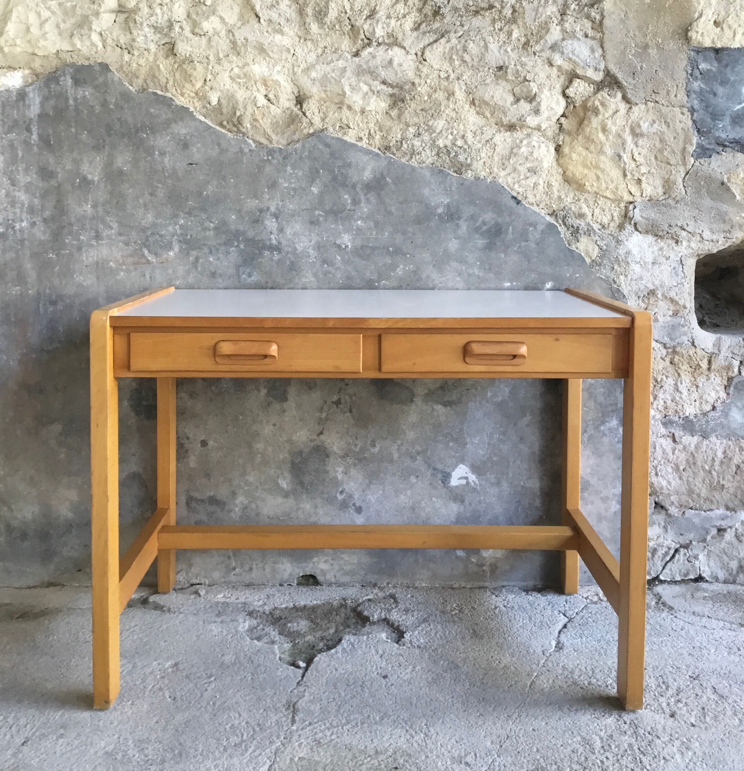 Vintage desk with 2 pine drawers and laminate coating