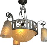Art Deco, 4-light chandelier, wrought iron, pressed glass, Dugué Negra, circa 1930.