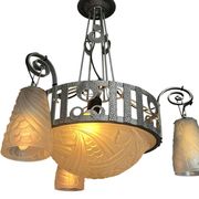 Art Deco, 4-light chandelier, wrought iron, pressed glass, Dugué Negra, circa 1930.