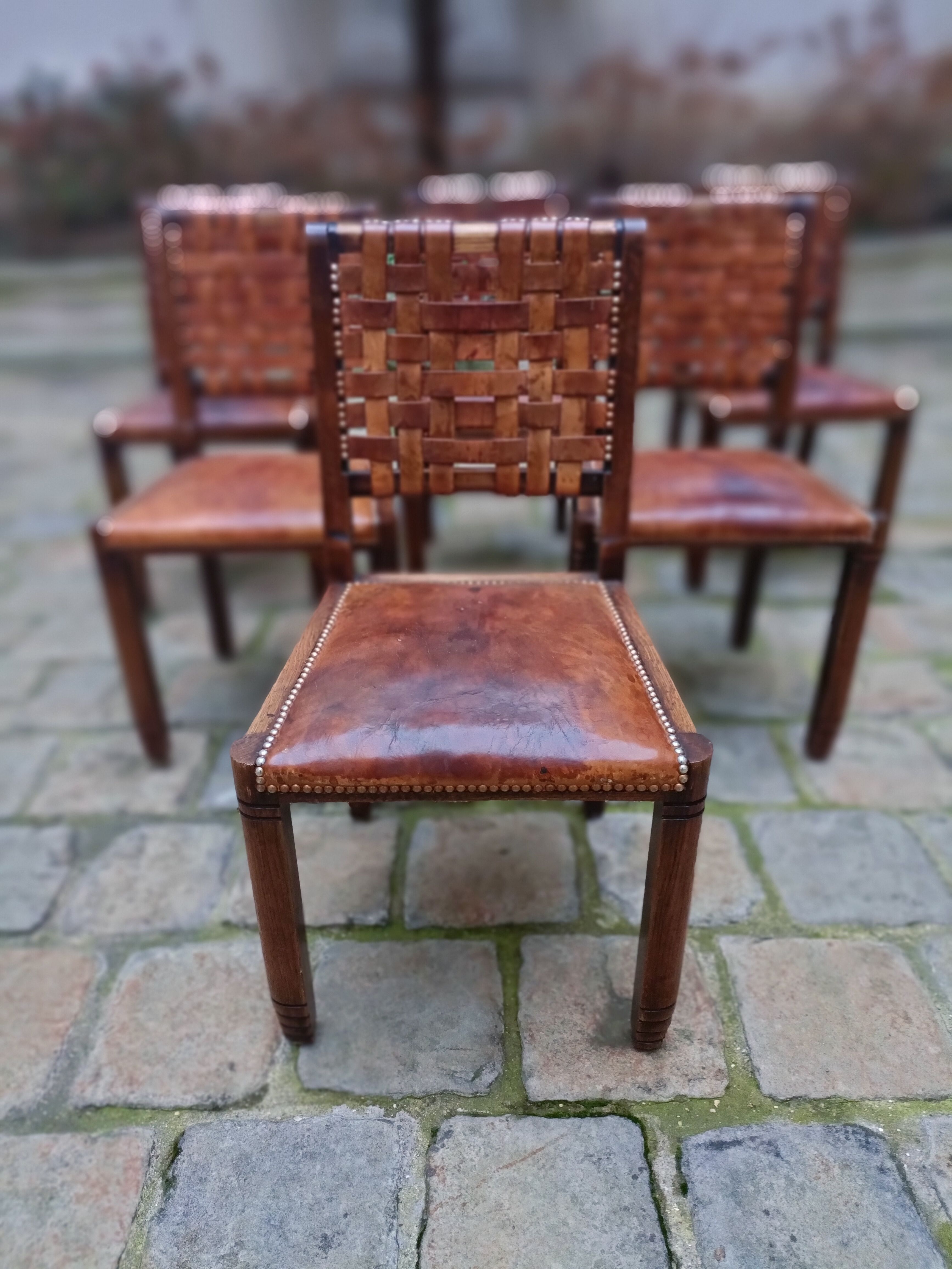 6 chairs brutalist 50s leather and wood