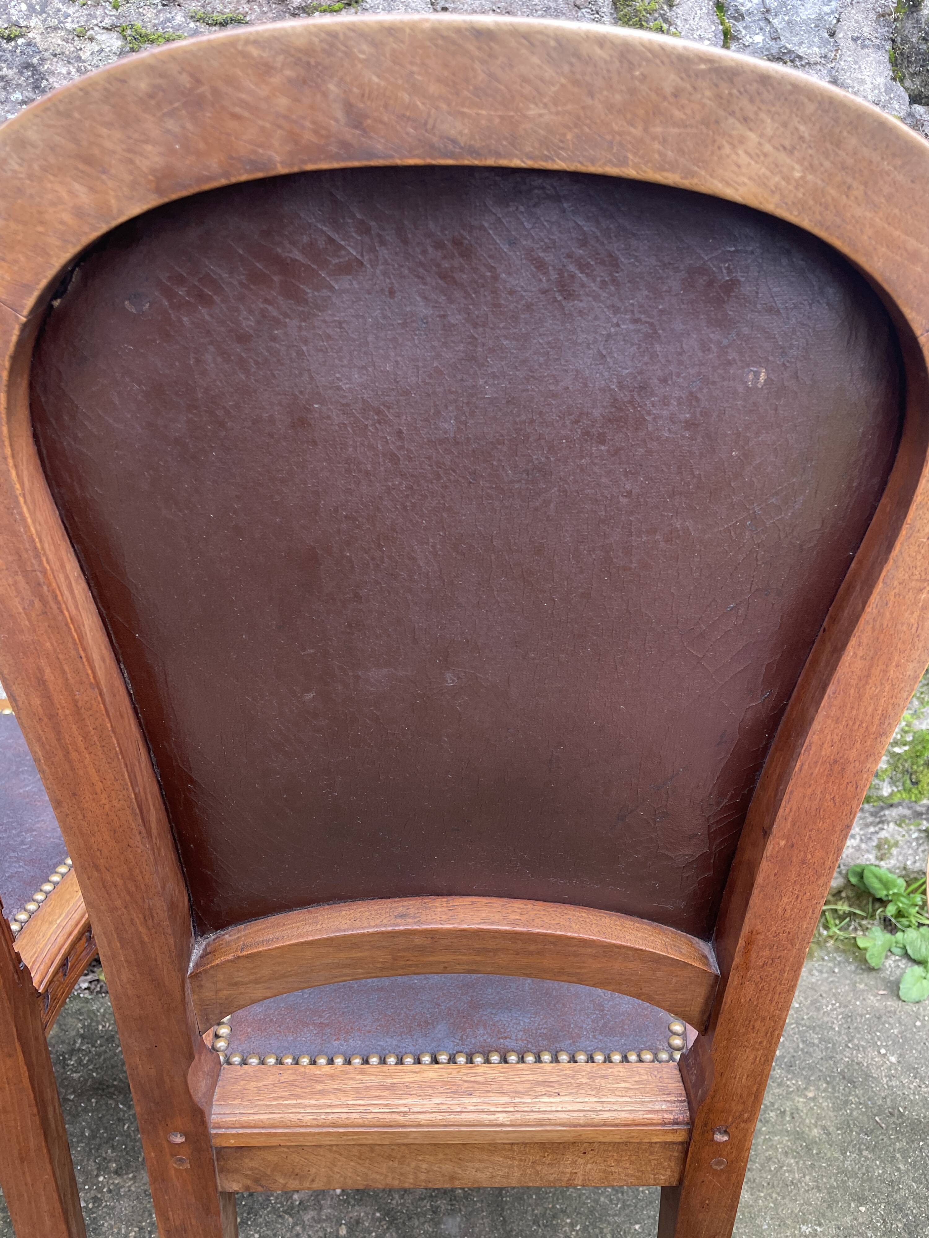 6 Louis XVI style chairs in solid beech and Cordovan leather, 1900