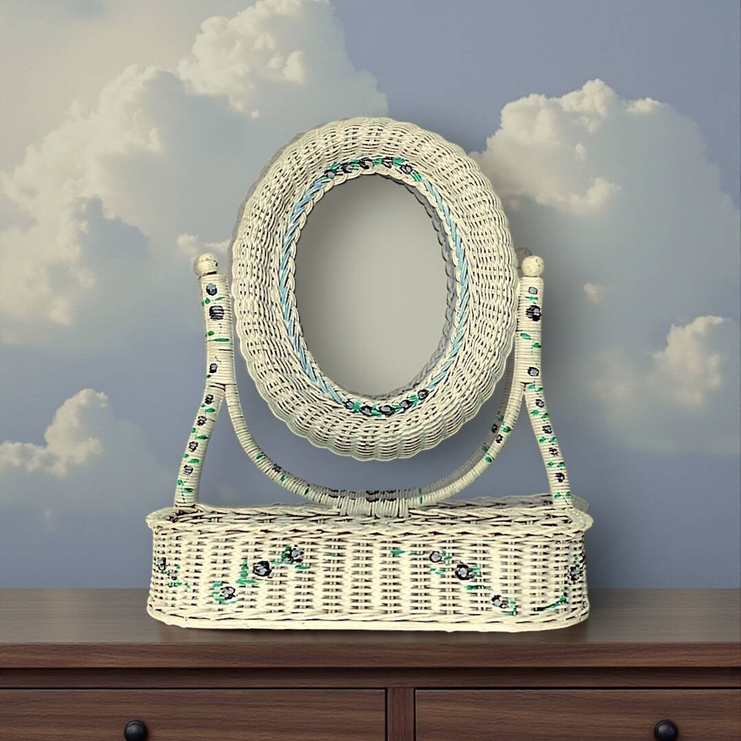 Off-white rattan vanity mirror – floral decoration – 1960s–1970s