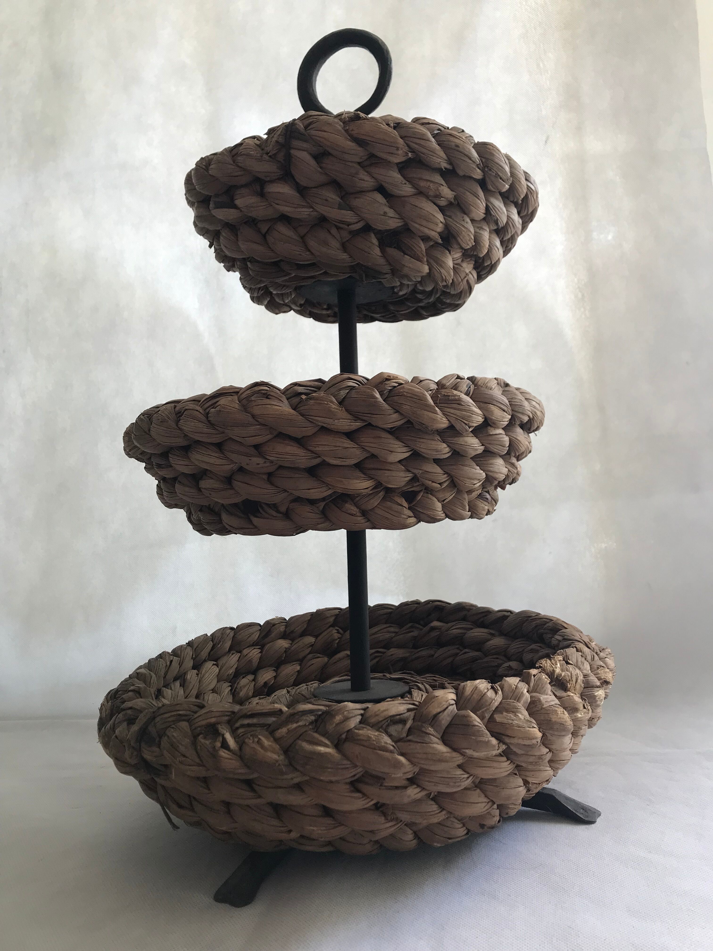 Fruit tray display in braided rope on 3 levels