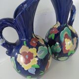 Pair of hand-painted earthenware cruet jug vases. Numbered