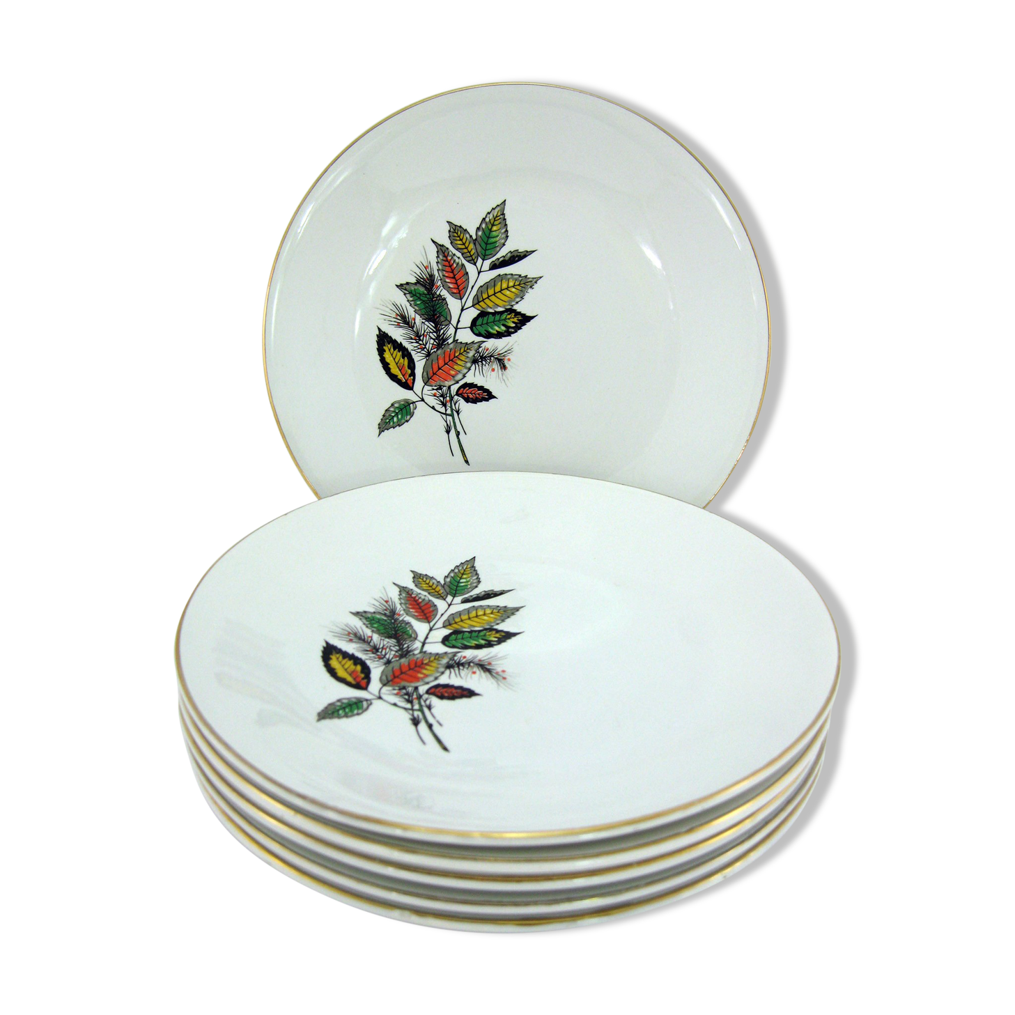 6 flat porcelain plates - foliage decoration Sous-Bois - Digoin & Sarreguemines France