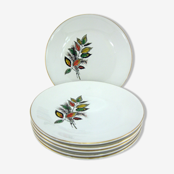 Set de 6 assiettes plates en porcelaine décor feuillage Sous-Bois - Digoin & Sarreguemines France