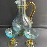 Glassware-crystallery of Portieux - 1 broc and 2 glasses - Napoleon III - Colored blown glass - G