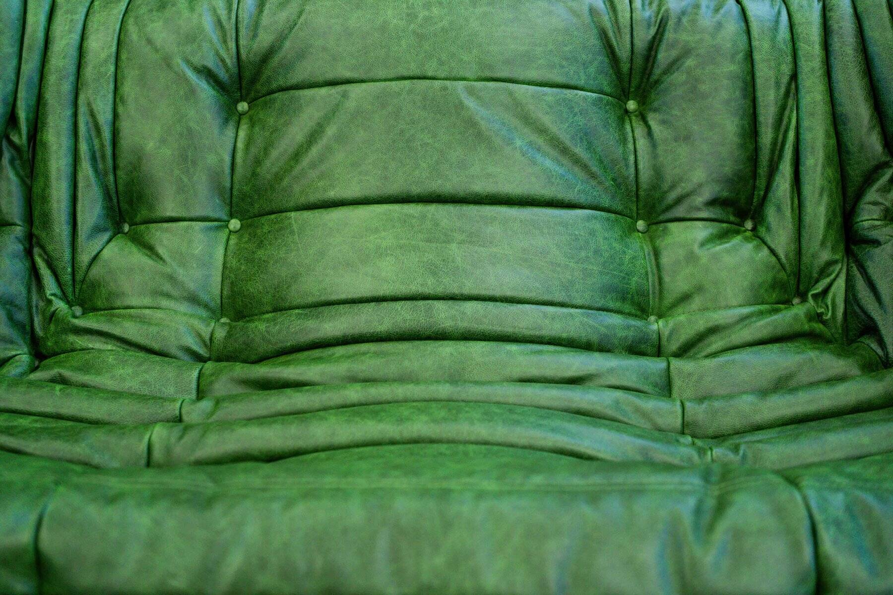 Vintage two-seat Togo sofa with arms in green leather by Michel Ducaroy for Ligne Roset, 1970s