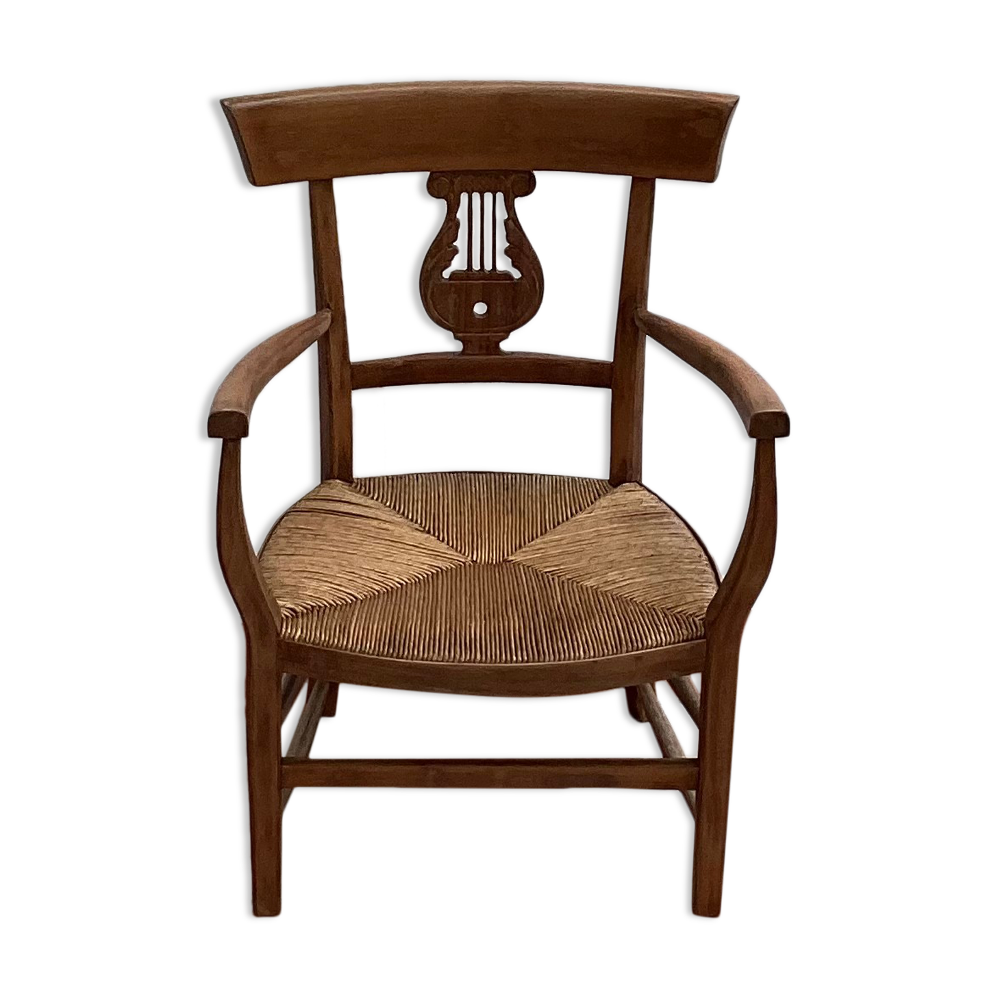 Light wood armchair seated in vintage straw dimension: height -78cm- width -54cm-