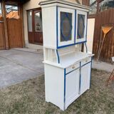 Vintage blue and white kitchen placard made of painted wood and glass, 1930s, double section.