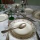Round off-white tablecloth embroidered with grey flowers with 8 matching napkins - festive table