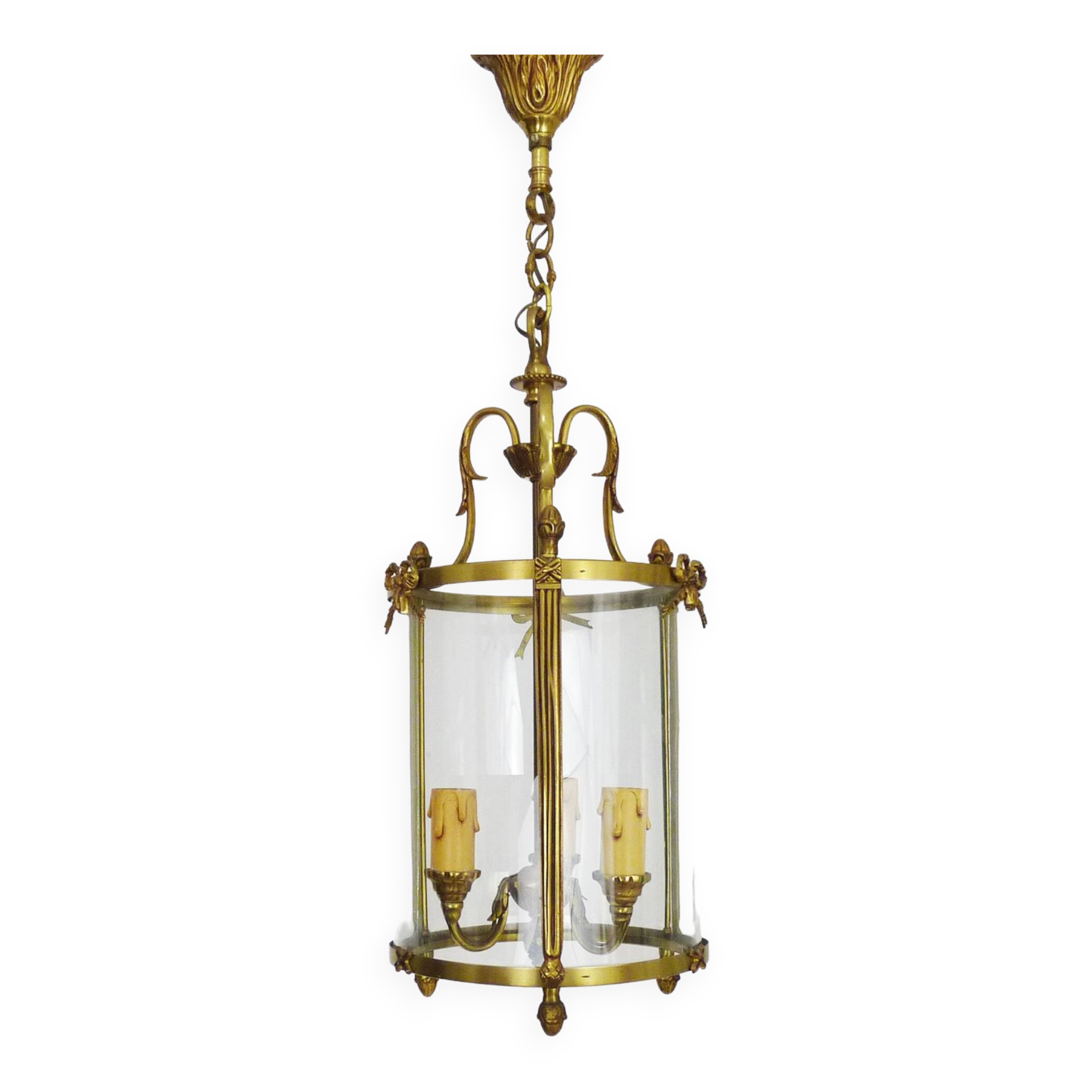 Old Louis XVI style vestibule lantern pendant light in brass and glass with 3 lights