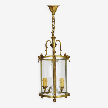 Old Louis XVI style vestibule lantern pendant light in brass and glass with 3 lights