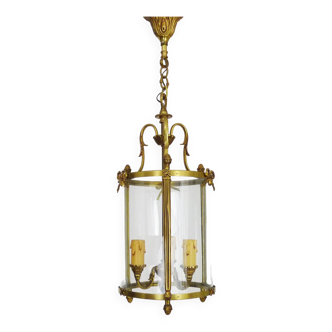 Ancienne suspension lanterne de vestibule en laiton et verre de style Louis XVI à 3 feux
