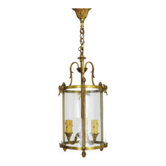 Old Louis XVI style vestibule lantern pendant light in brass and glass with 3 lights