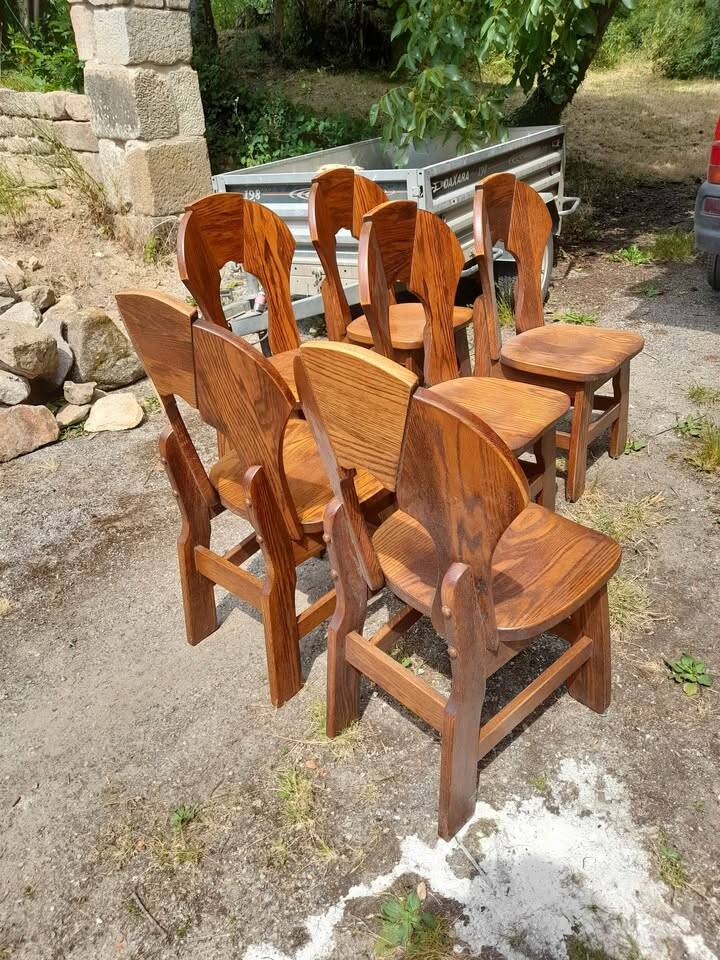 6 Belgian Brutalist Chairs in Solid Oak