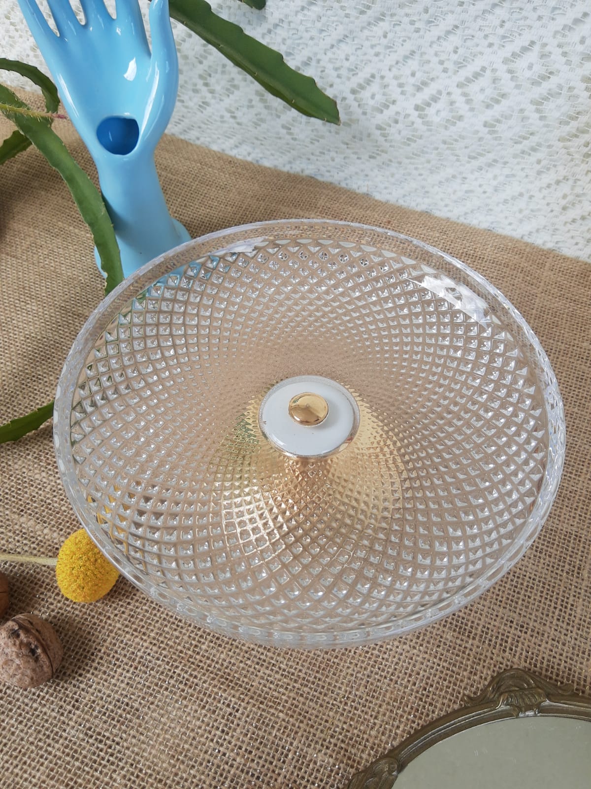 Glass and gold metal cake display - vintage