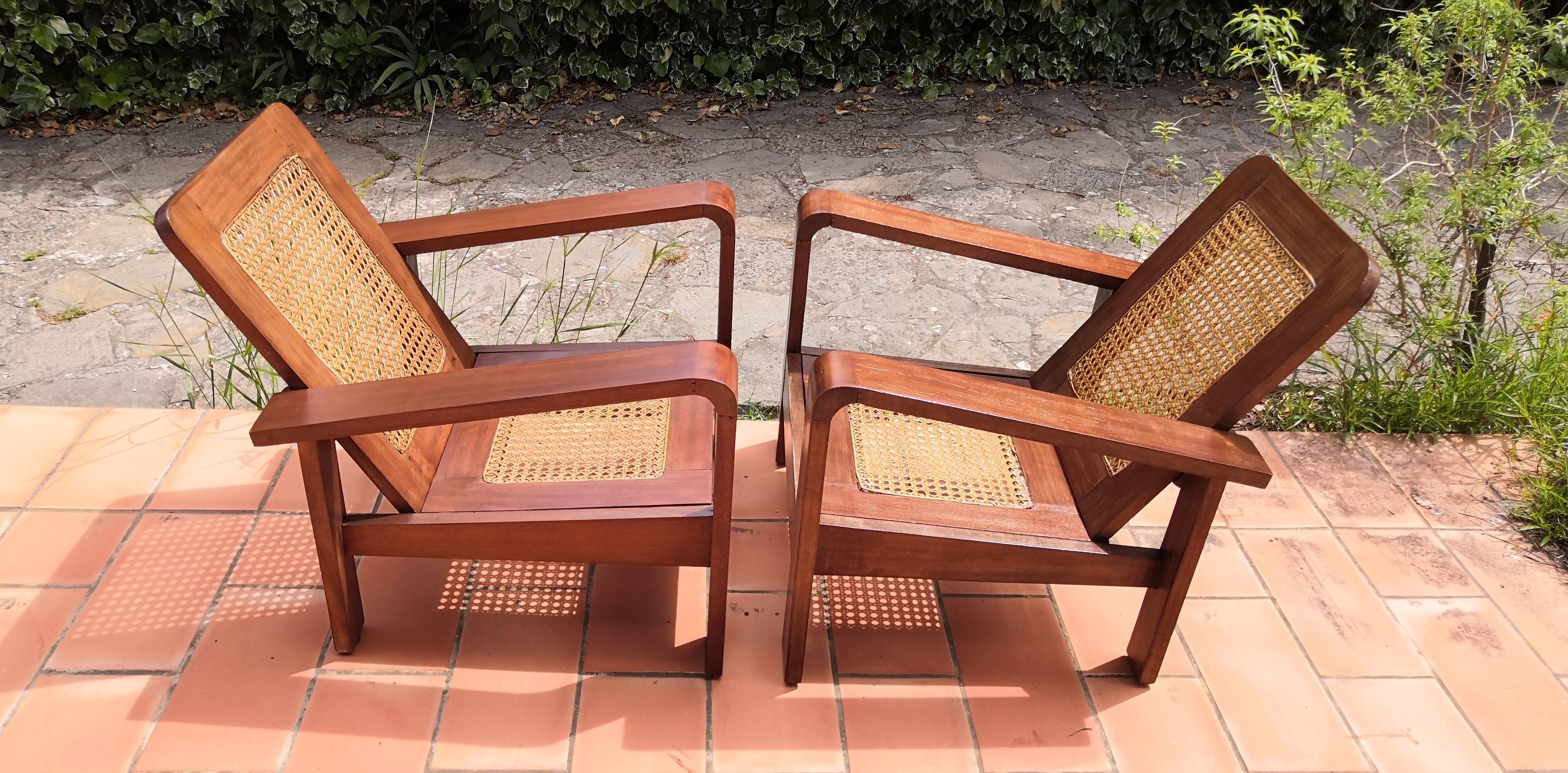 Pair of vintage rosewood and canning armchairs, Burma 1950