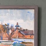 Mid-Century Modern Swedish "The Waterway" Vintage Landscape Watercolour Painting, Framed