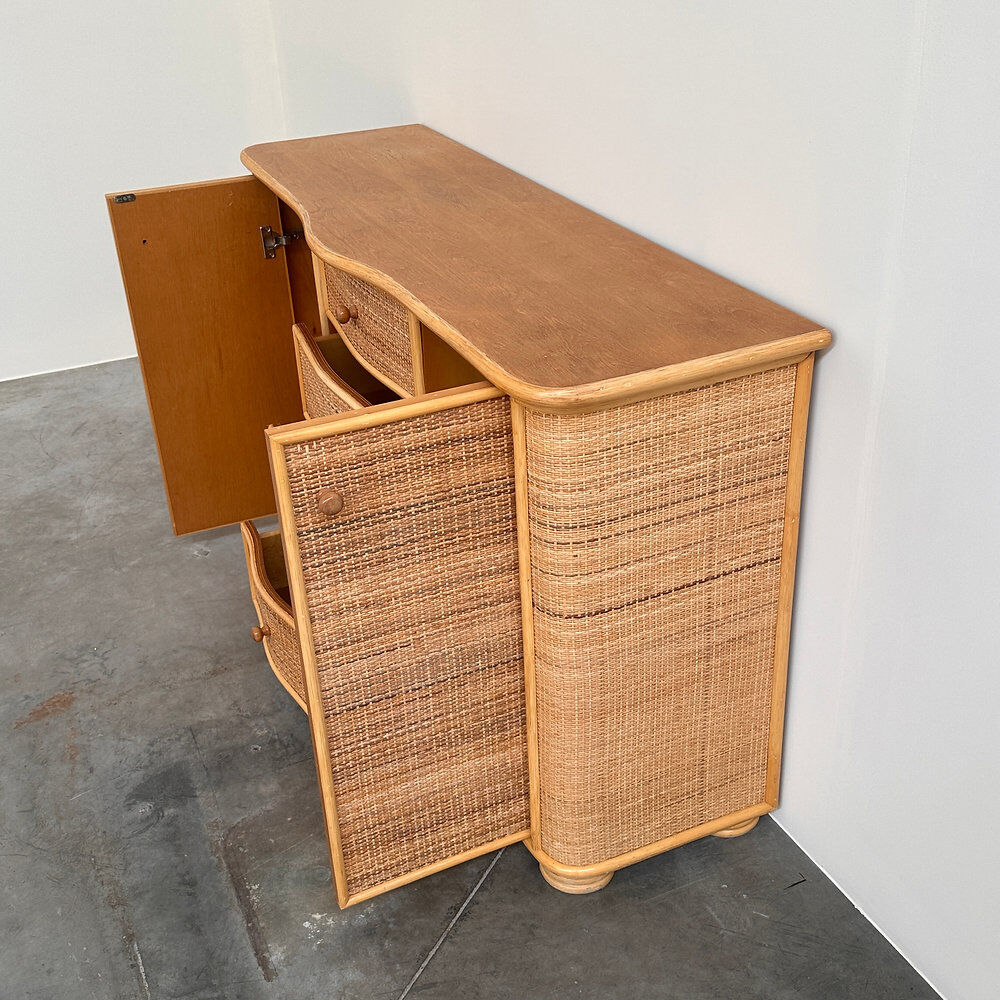 Vintage curved rattan sideboard, coastal credenza, wicker cabinet, boho buffet