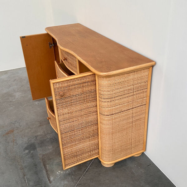 Buffet en rotin courbé vintage, crédence côtière, cabinet en osier, buffet boho