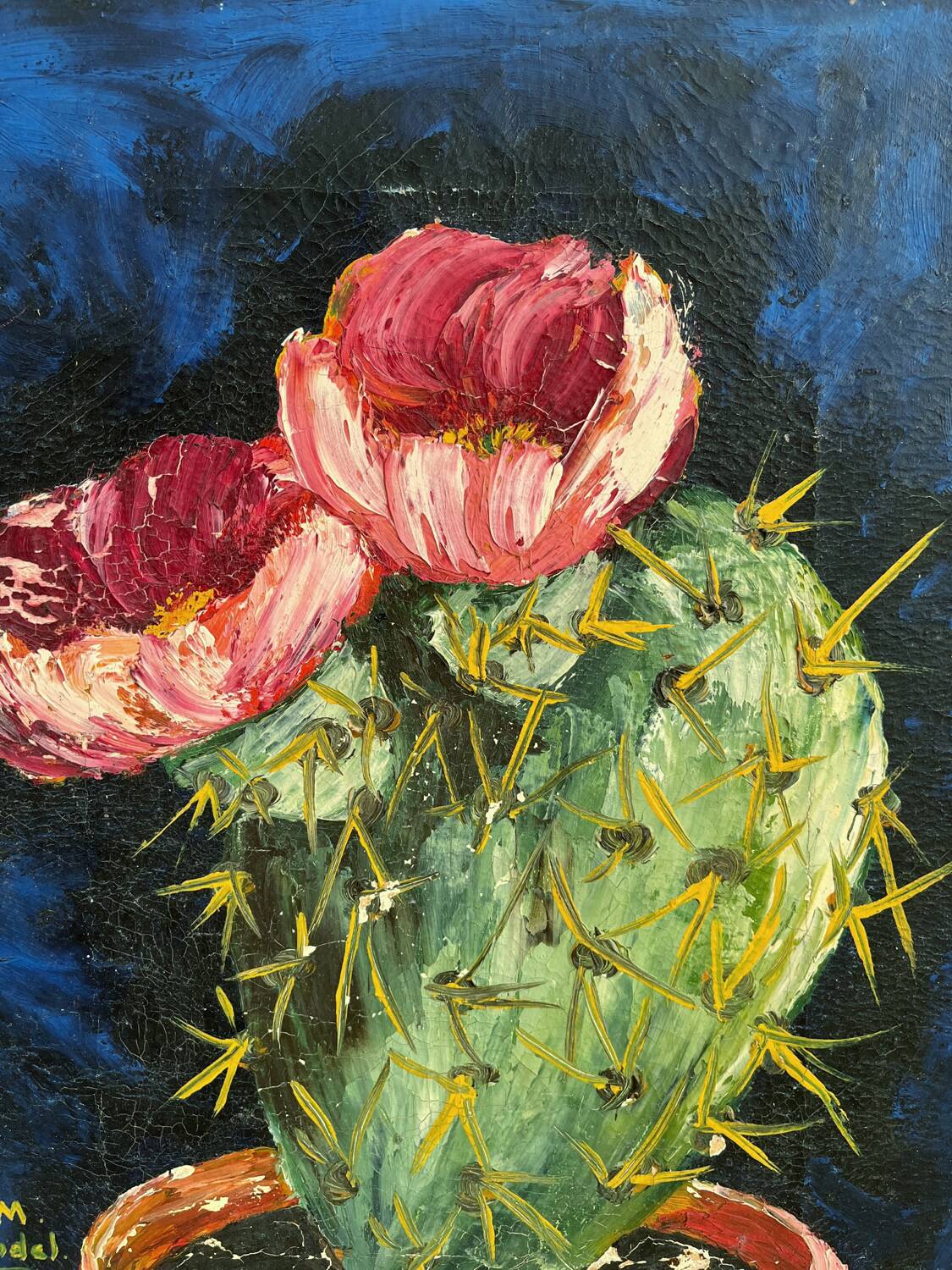 Peinture ancienne huile sur toile cactus signée Claudel