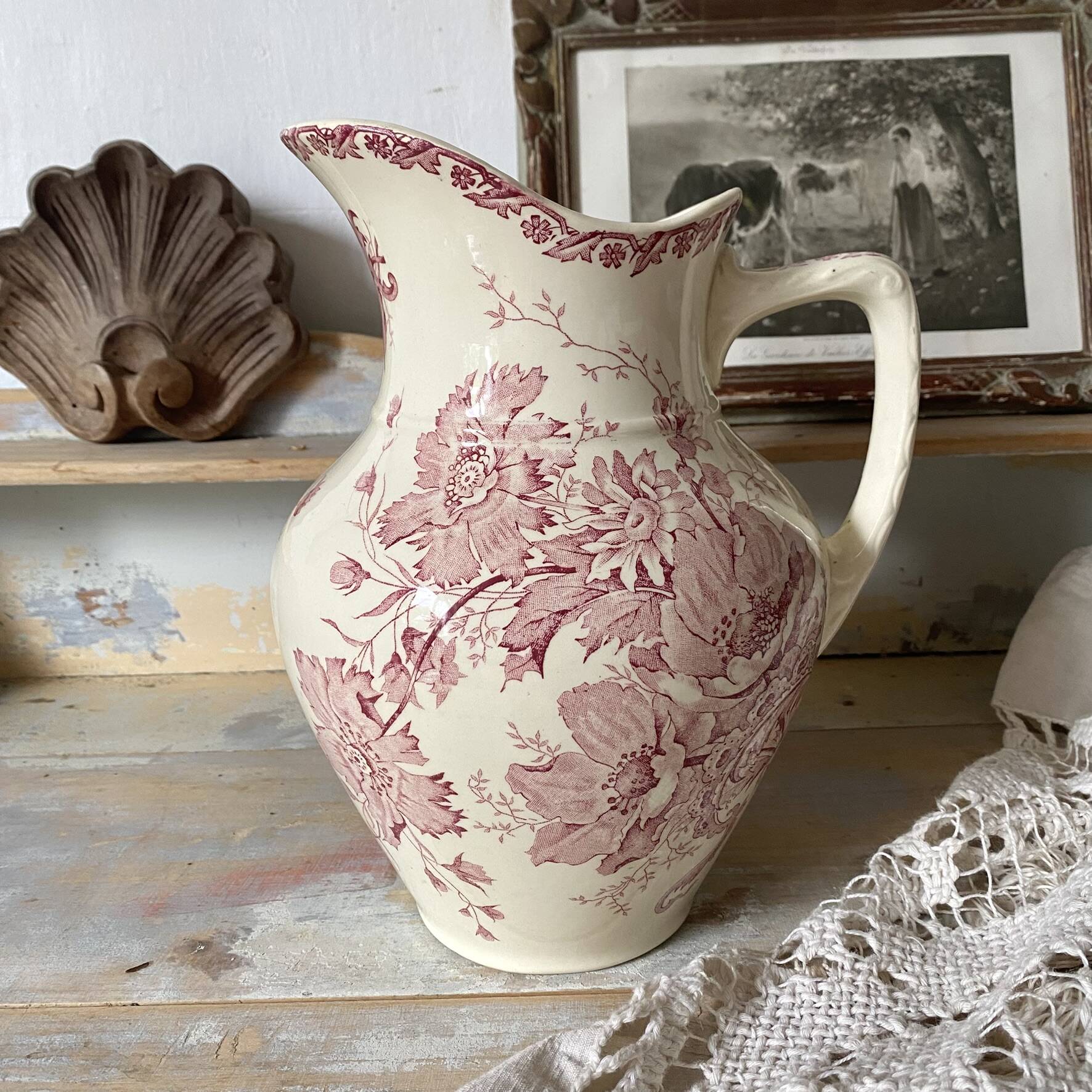 Large ironstone jug St Amand Anemone, antique pitcher