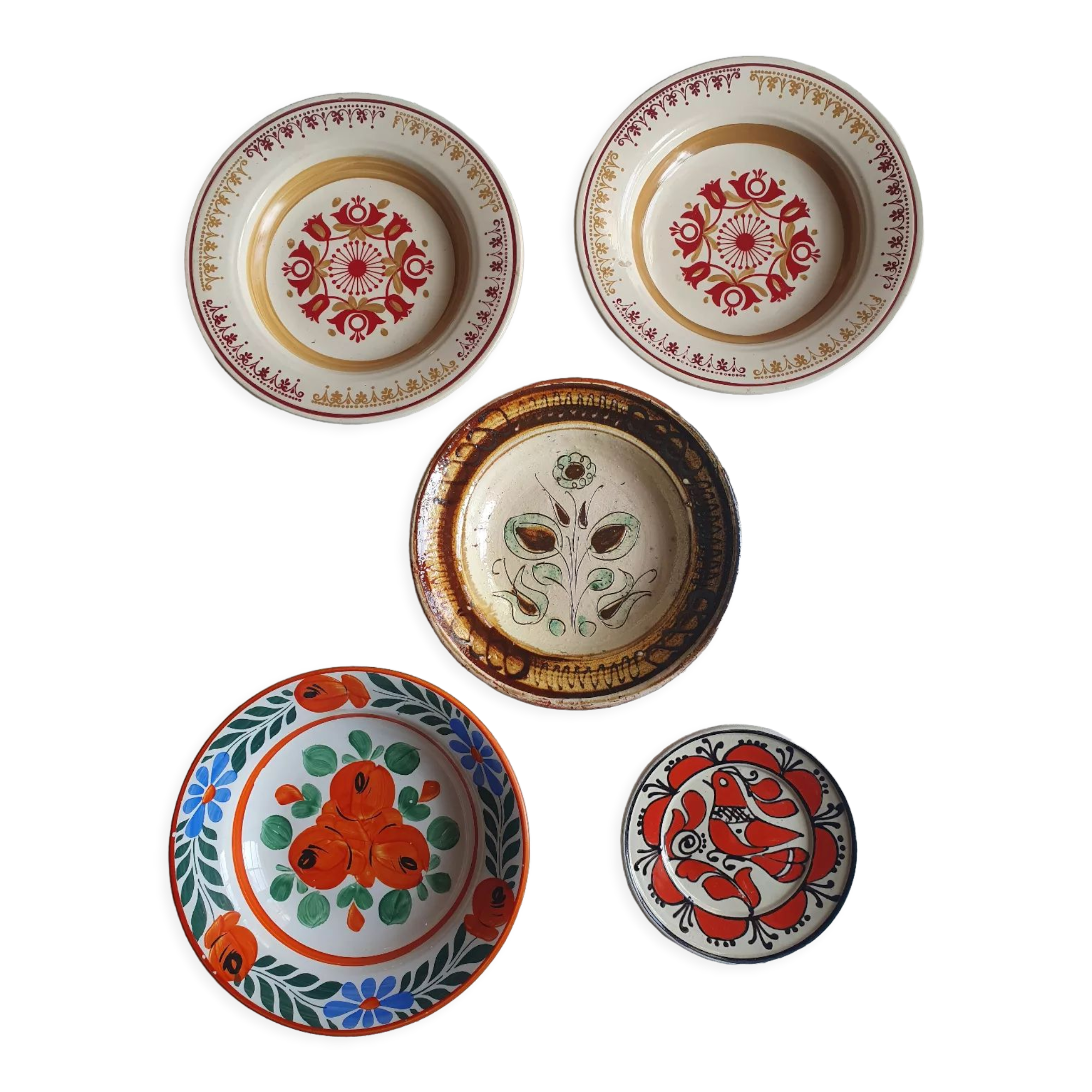 5 handmade ceramic plates Romania slavic bohemian birds table or wall