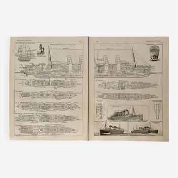 Lot de 2 lithographies plan d'un paquebot transatlantique - 1910