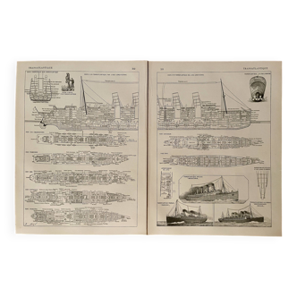 Lot de 2 lithographies plan d'un paquebot transatlantique - 1910