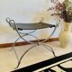 Tabouret Curule Style Maison Jansen en Acier Chromé et Cuir Noir
