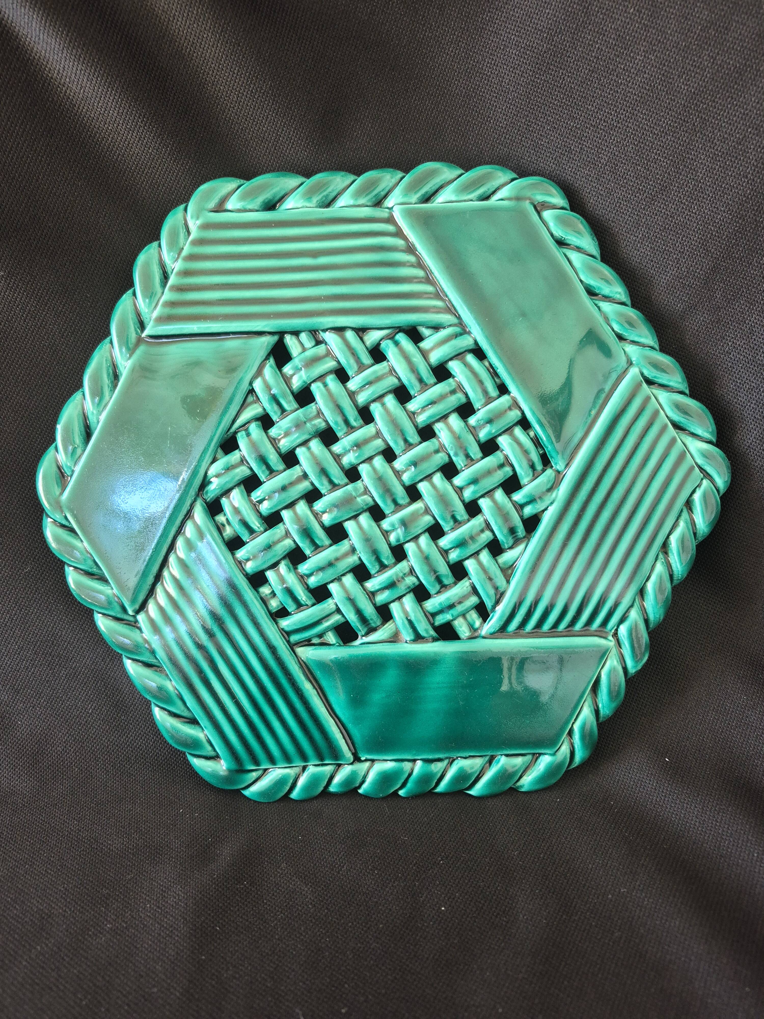 Varnished ceramic trivet from Vallauris and 2 bottle coasters.