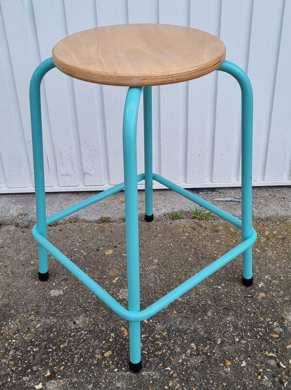 Paire de tabourets ronds, industriels, bois et métal, vintage