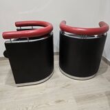 Pair of 80s designer leather and chrome metal armchairs