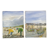 Pair of marine pendant oil on canvas, Paul Georgelin Côte d'Armor