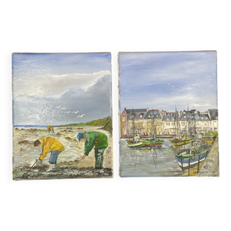 Pair of marine pendant oil on canvas, Paul Georgelin Côte d'Armor