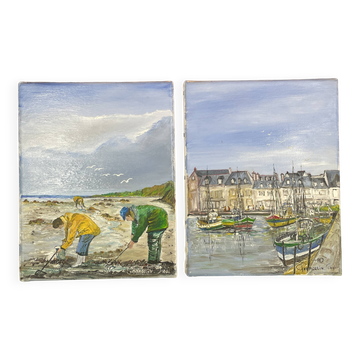 Pair of marine pendant oil on canvas, Paul Georgelin Côte d'Armor