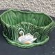 Pot cover in ceramic slurry glazed green pattern foliage and swan made in england numbered