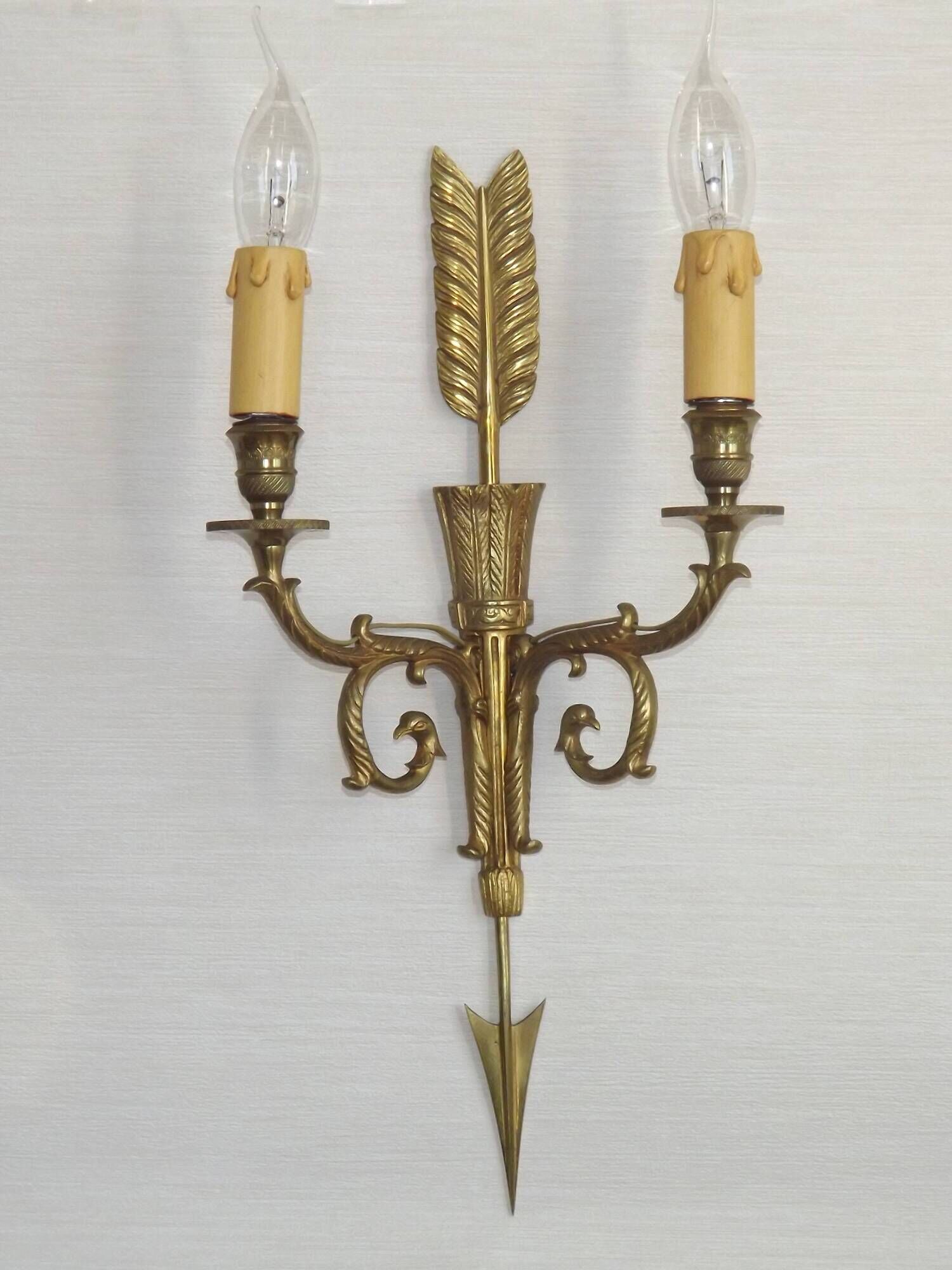 Vintage French Empire Arrow & Quiver Eagle Head Bronze Double Wall Sconces