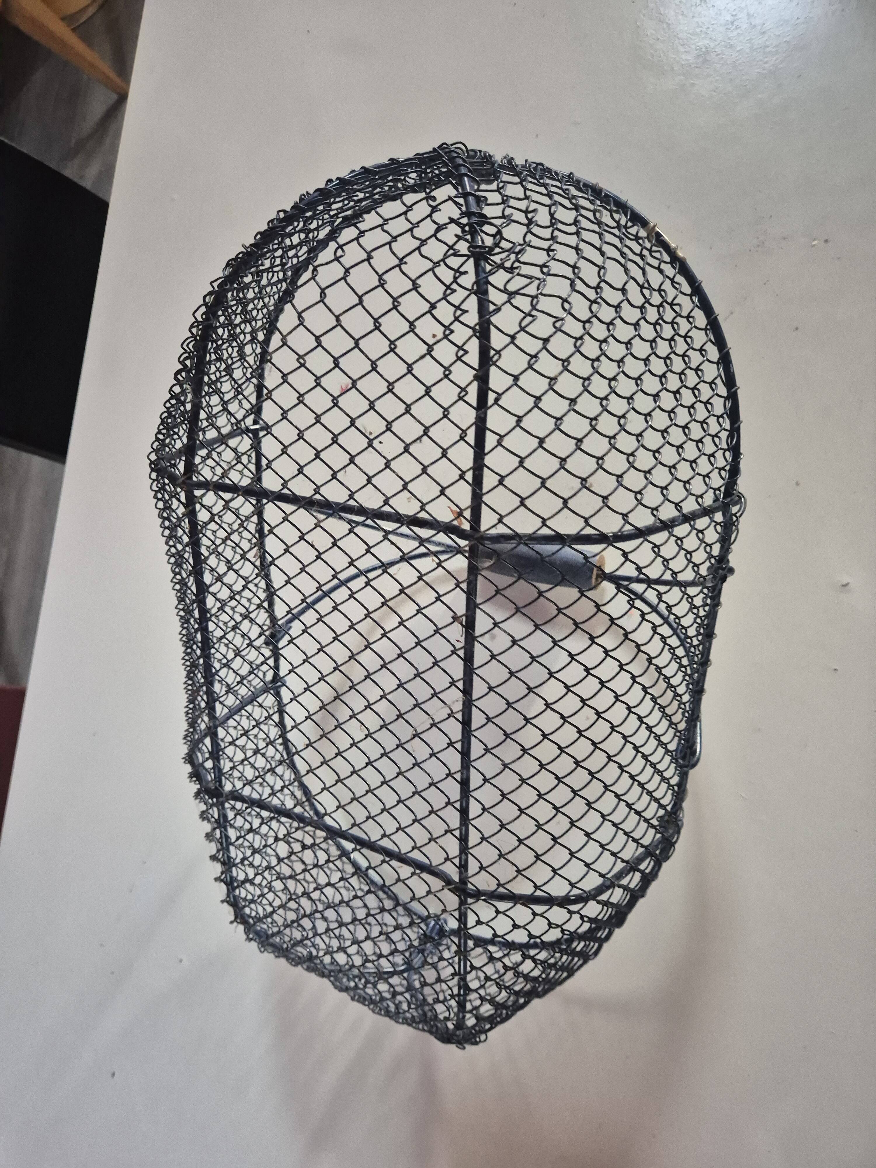 Vintage navy blue metal basket with wooden handle