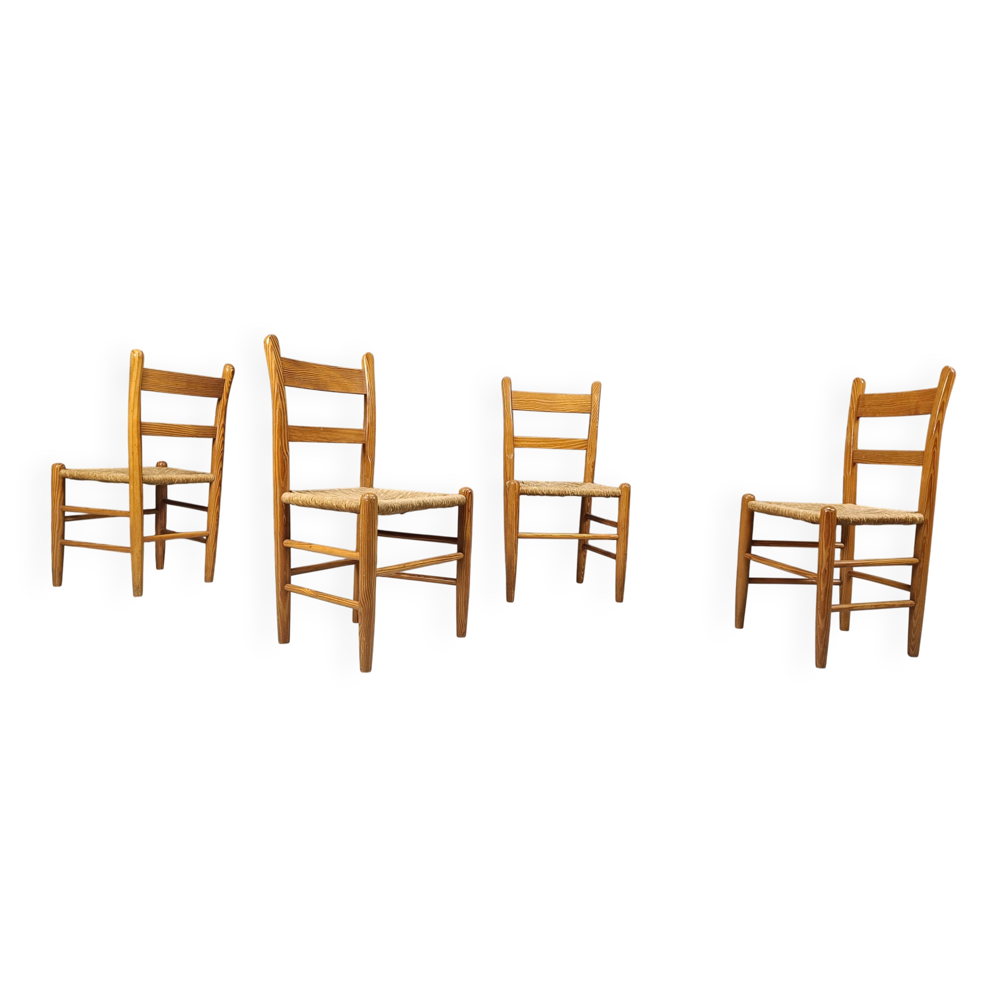 Mid-century oak and wicker dining chairs, set of 4 - 1970s