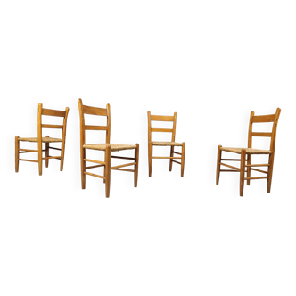 Mid-century oak and wicker dining chairs, set of 4 - 1970s