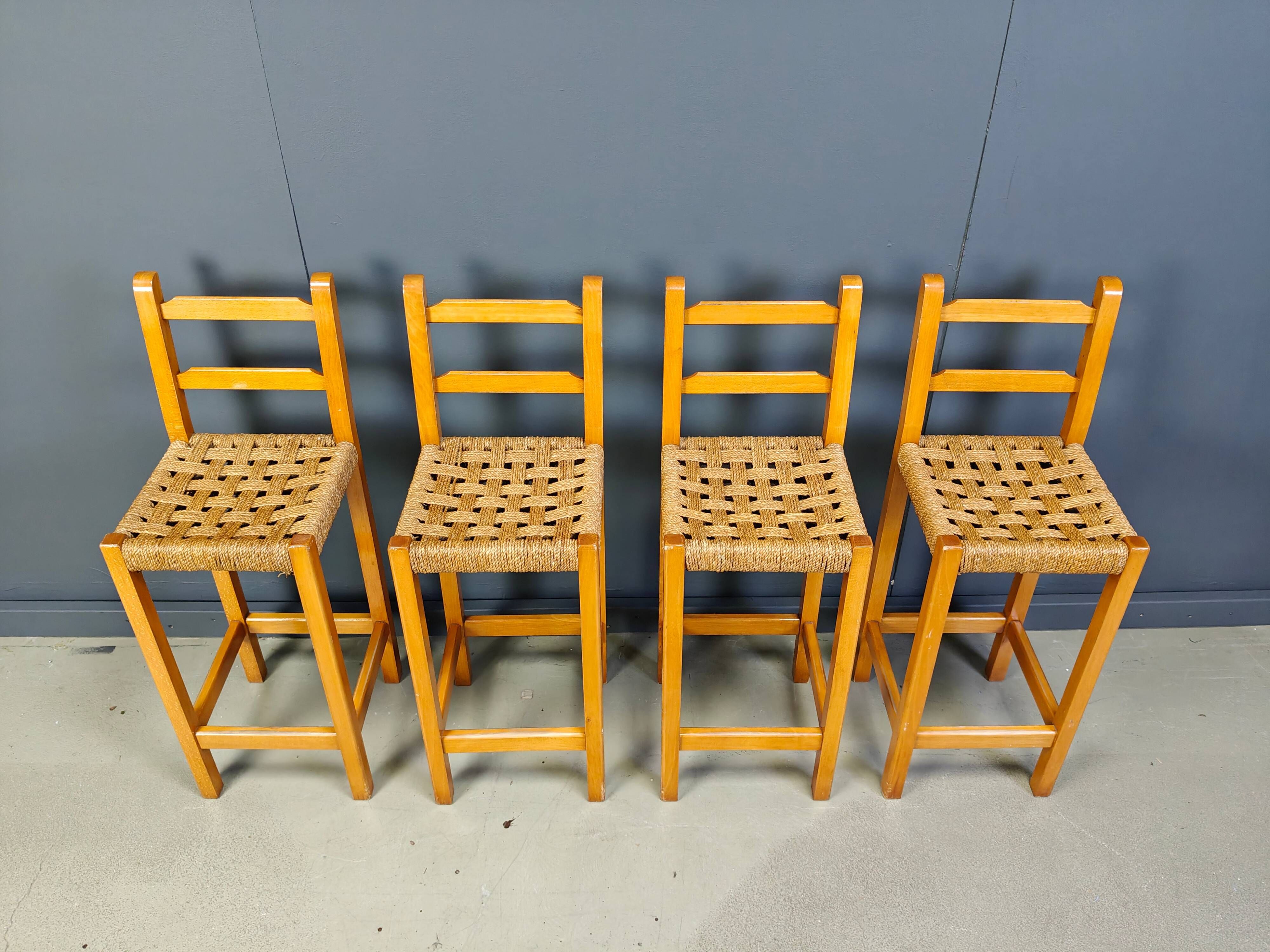 Vintage oak and papercord bar stools, 1960s - vintage bar stools