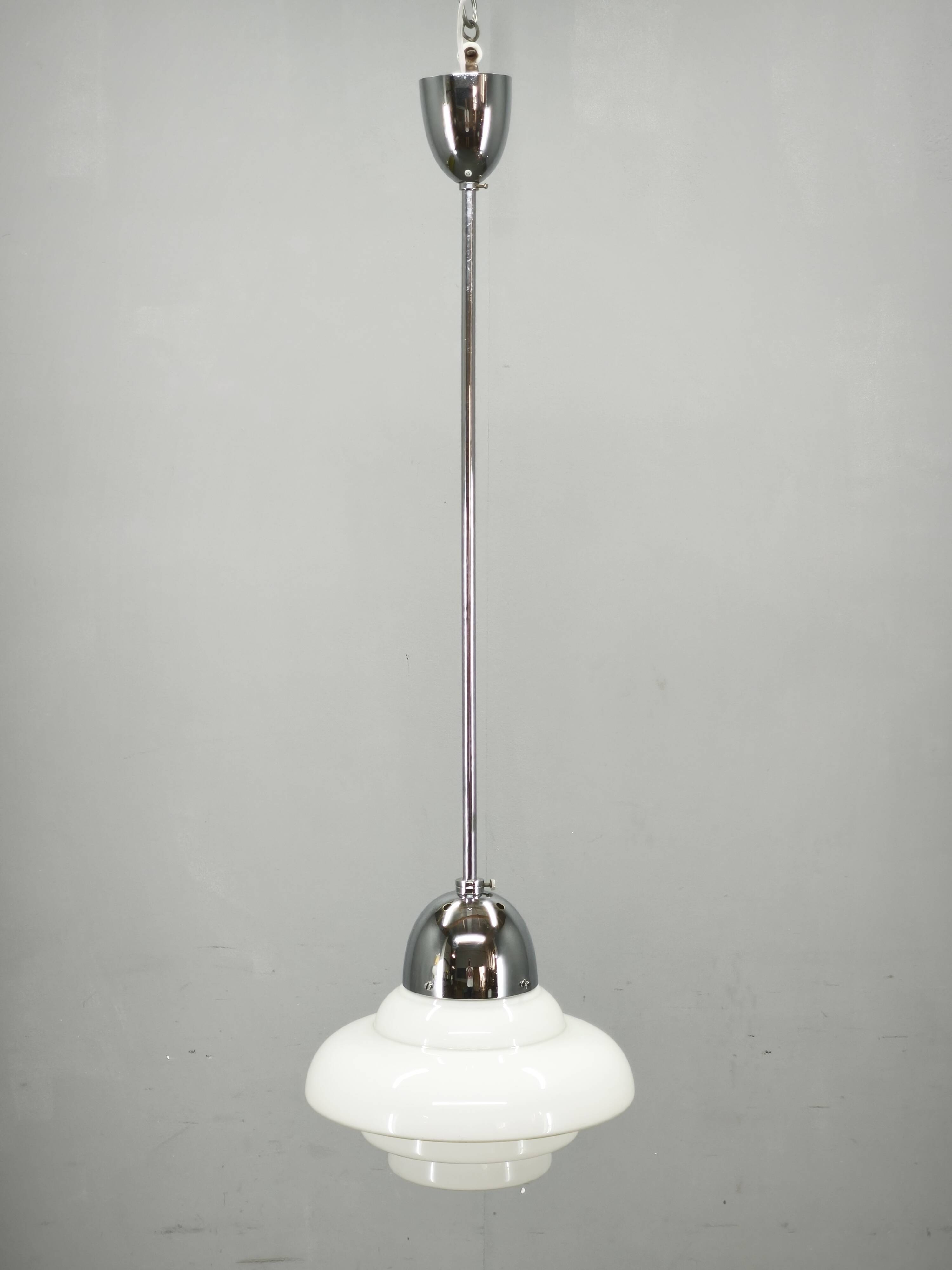 1930s Art Deco Bauhaus Opaline Glass and Chrome Pendant Light