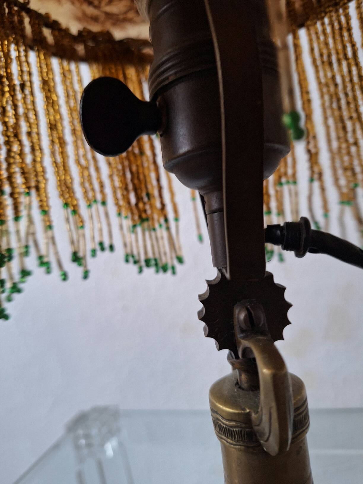 Antique signed reverse painted bronze table lamp, 1910-20