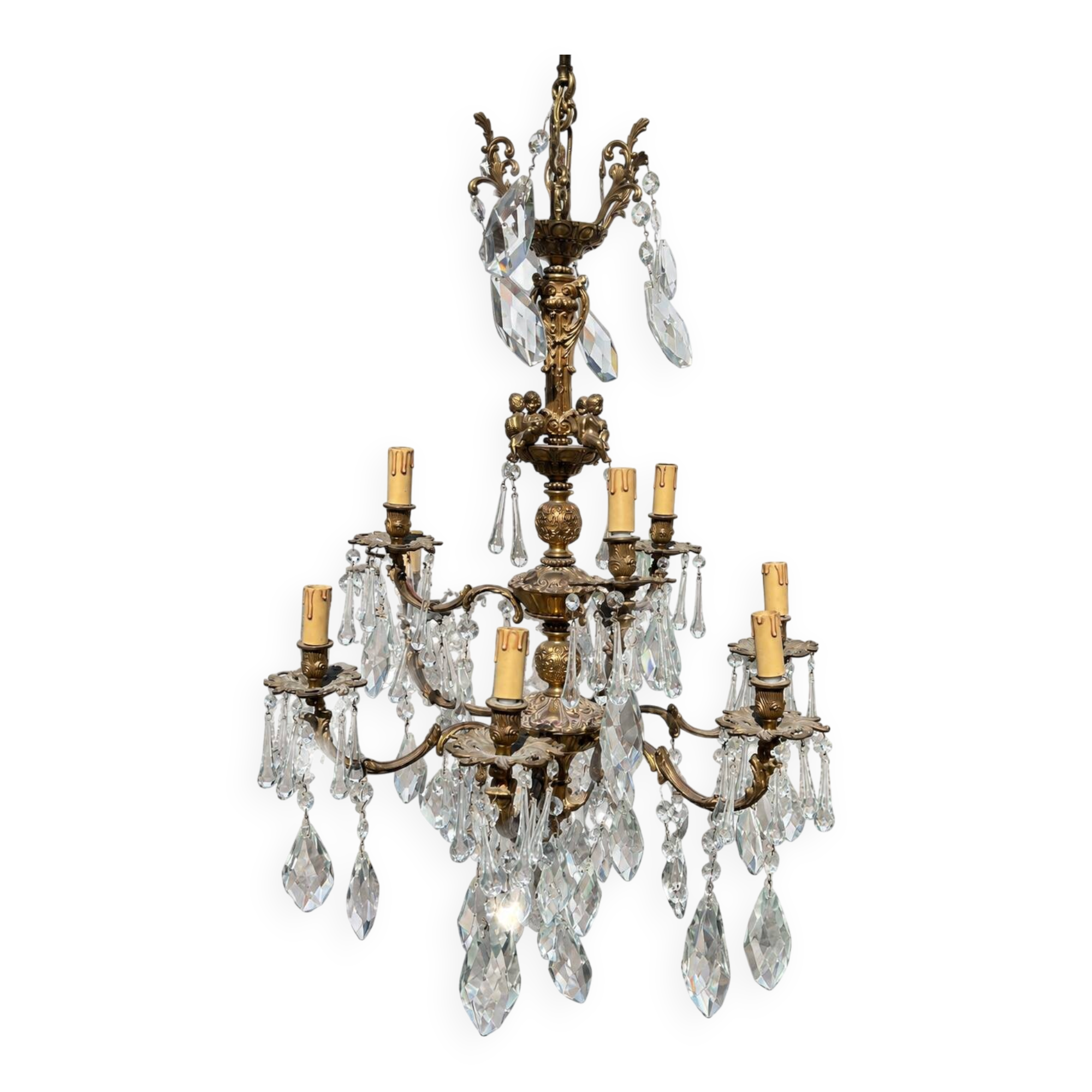Large antique chandelier with 9 lights, bronze and cut glass pendants, cherubs, style